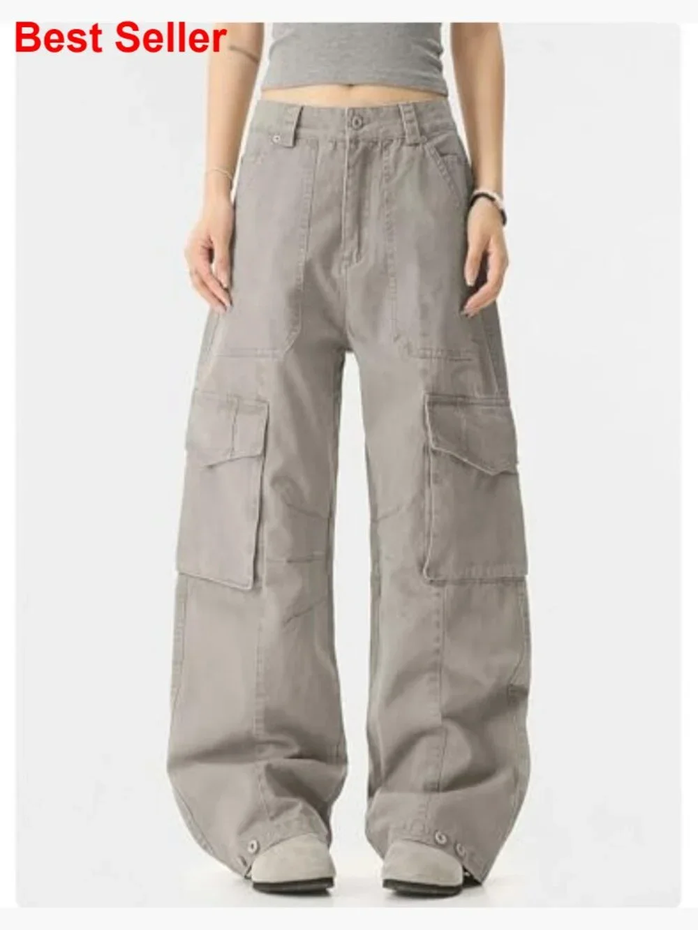 Cotton Polycotton Cargo Pants High Waisted Baggy Wide Leg - Picture 4 of 6